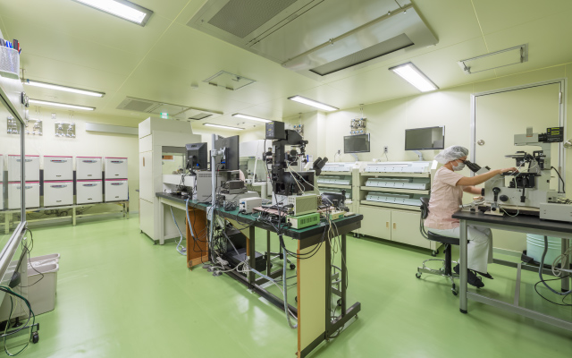 成田産婦人科の受精・培養施設。顕微鏡や培養器が並ぶラボでスタッフが業務を行っている様子